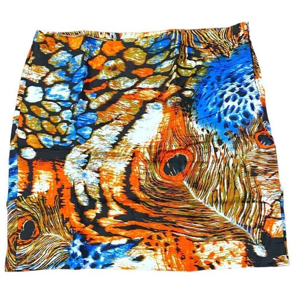 Zoe D. 100% Linen Maximalist Peacock Feather Abstract Design Mini Skirt - Picture 2 of 4